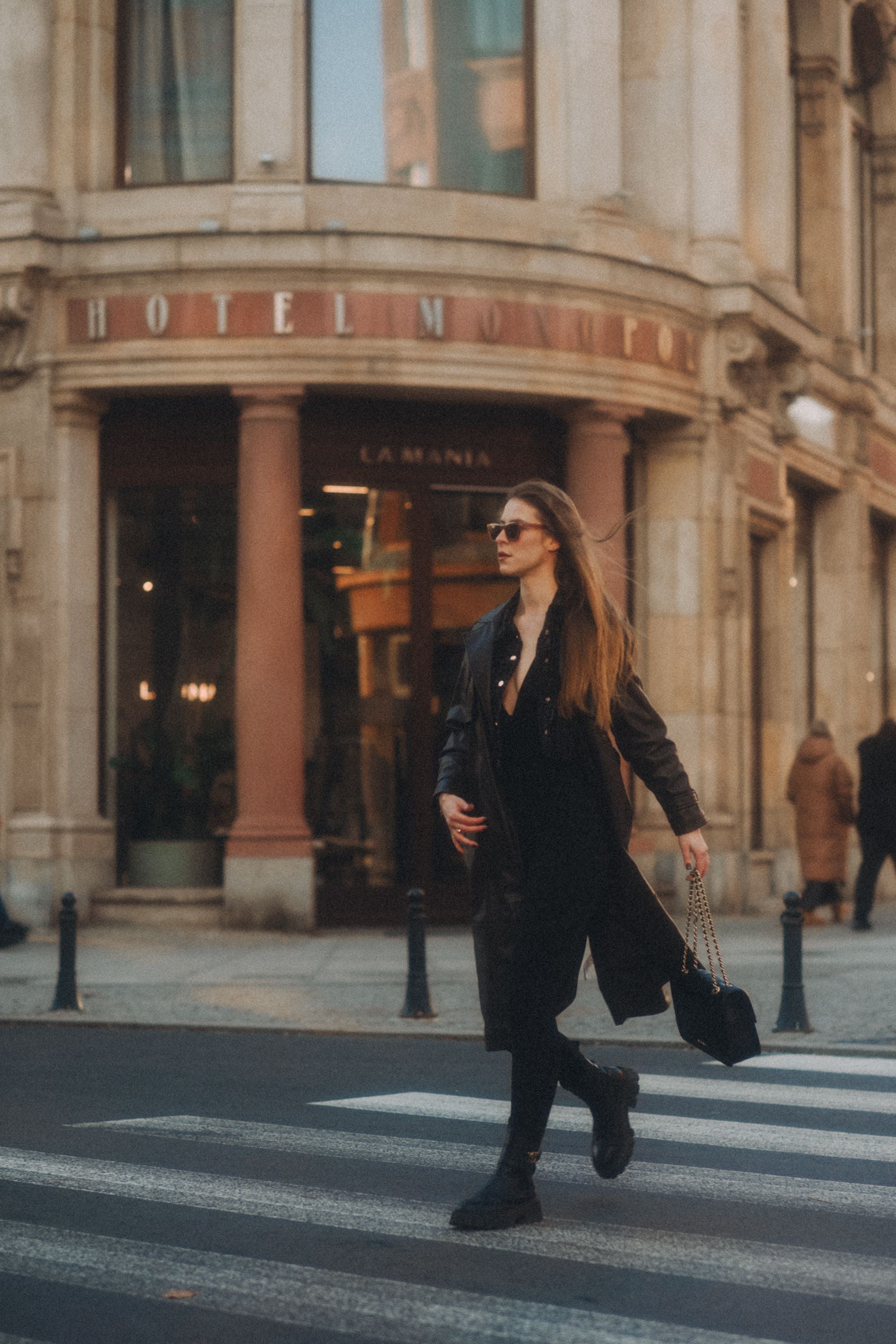 Luxury Woman in black Dress shoulder bag leather trench coat sunglasses city aesthetic outfit Design Favor