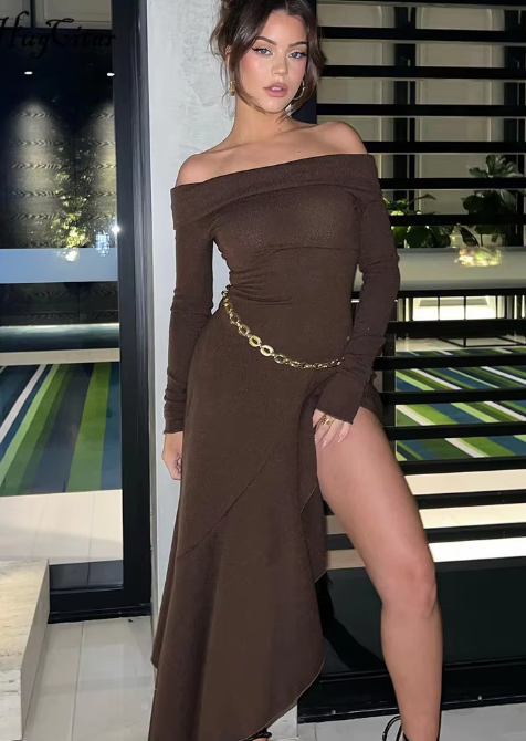 Chic Brown Ruffled Long Dress