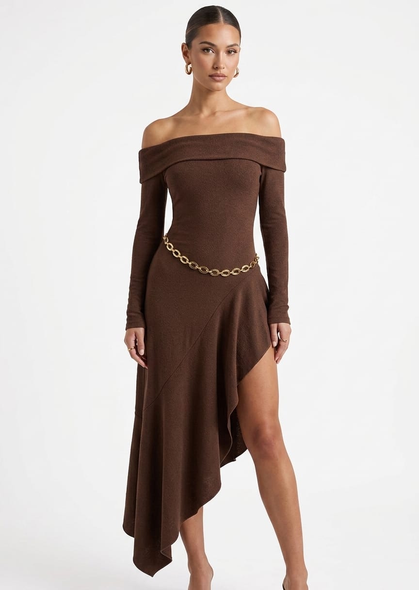 Chic Brown Ruffled Long Dress