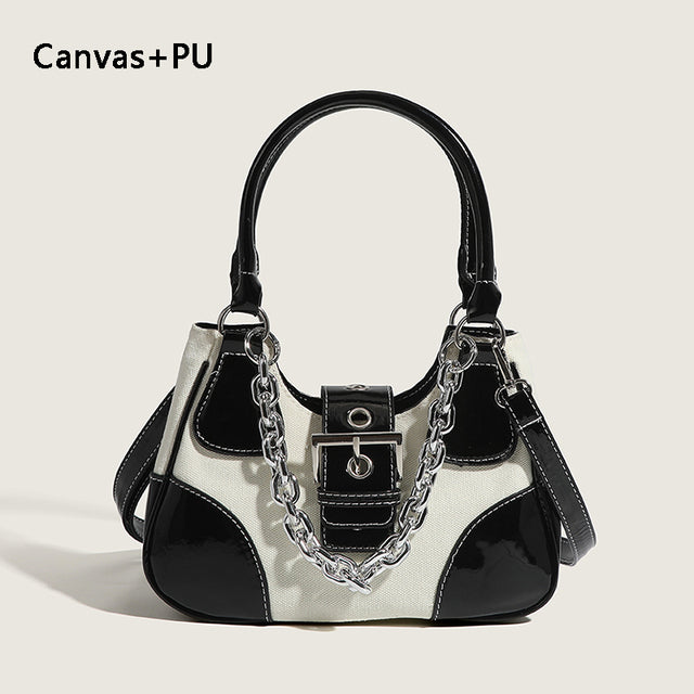 Chic Spliced Leather & Canvas Bag